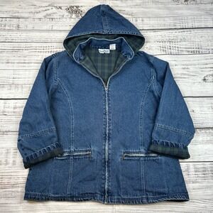 Northstyle Women's Flannel Lined Denim Jean Jacket Hooded Full Zip Size XL 90s